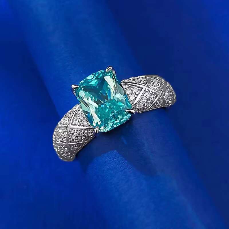 High Quality 7*9 Cushion Cut Zircon Paraiba Color Gemstone 925 Sterling Silver Women Fashion Wedding Engagement Rings