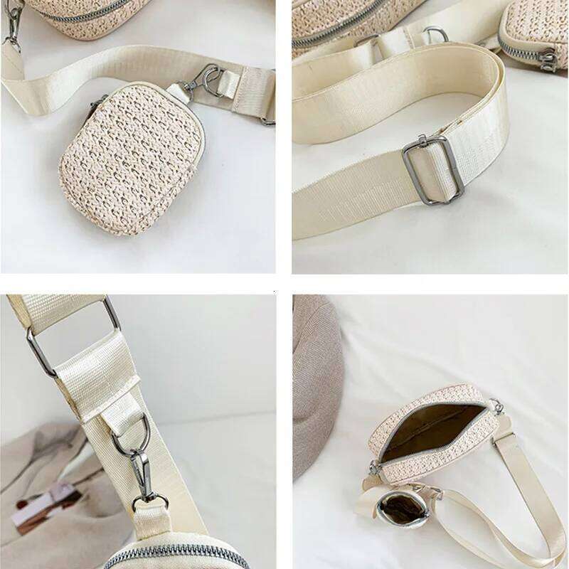 Solid Color Simplicity Women's Crossbody Bag - Woven Straw with Detachable Wide Strap & Zipper,Perfect for Vacation/Daily Use