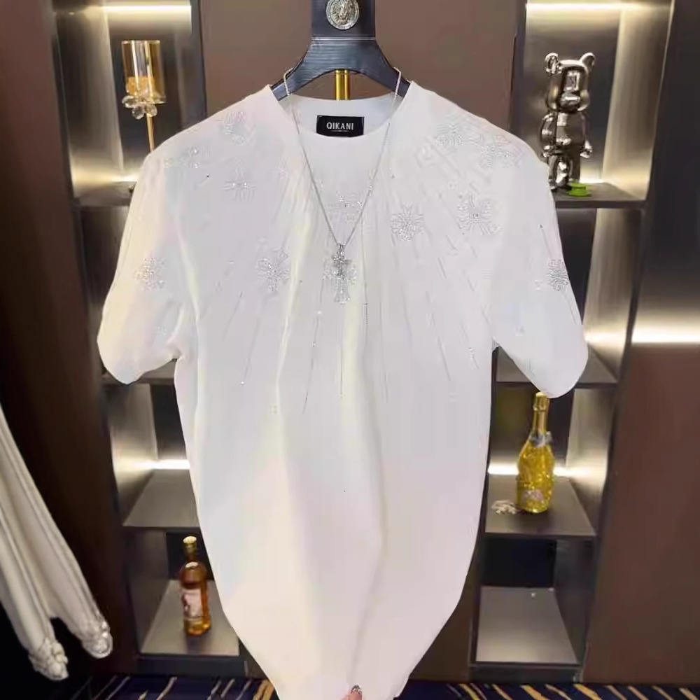 Designer 2025 New Men's Trendy Loose Short Sleeve T-Shirt Light Luxury Fashion Rhinestone Half Sleeve Loose Round Neck Short Sleeve Men's T-
