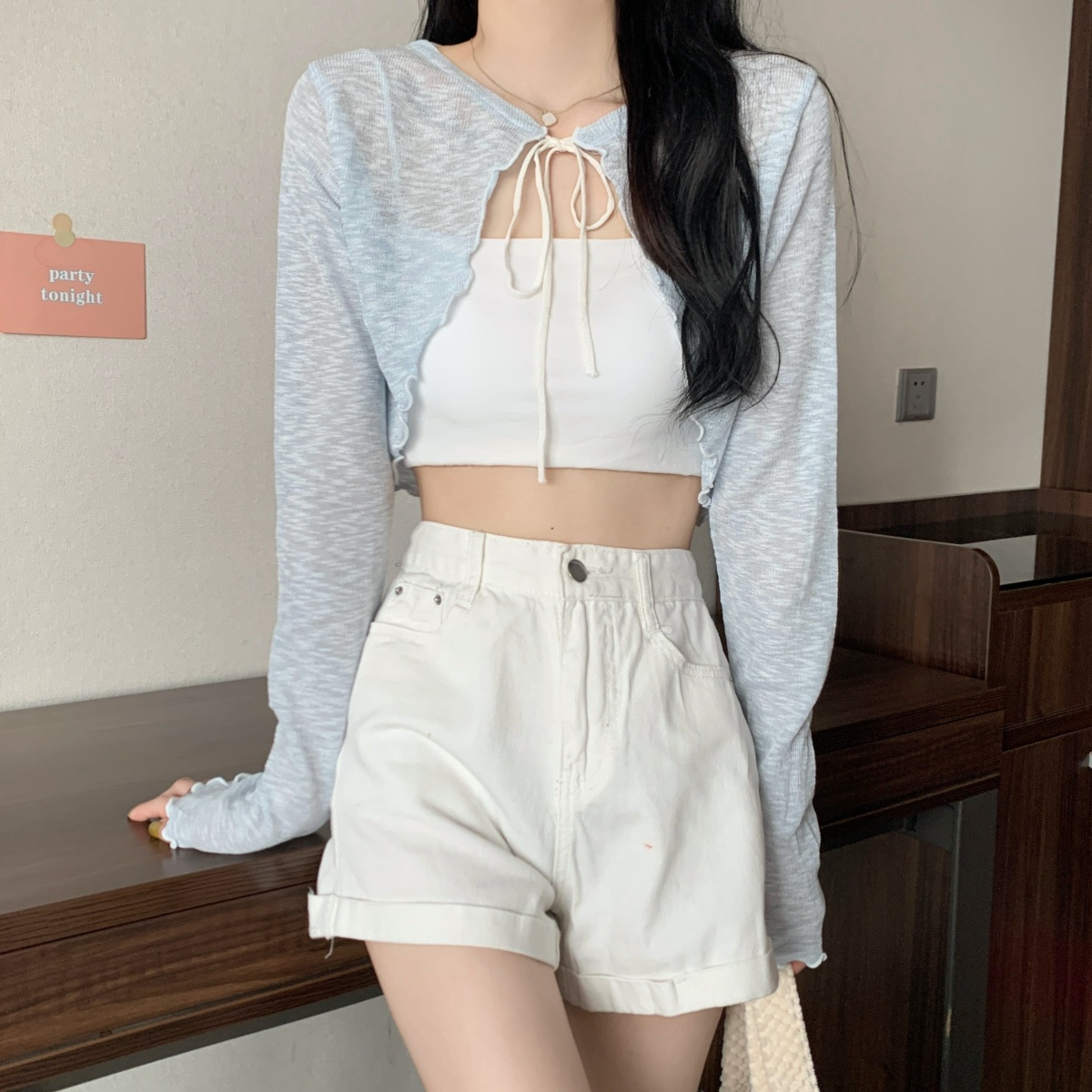 K1181 Fashionable ultra-short sun protection blouse for women in summer with suspender skirt, mesh shawl and fashionable high-end lace top