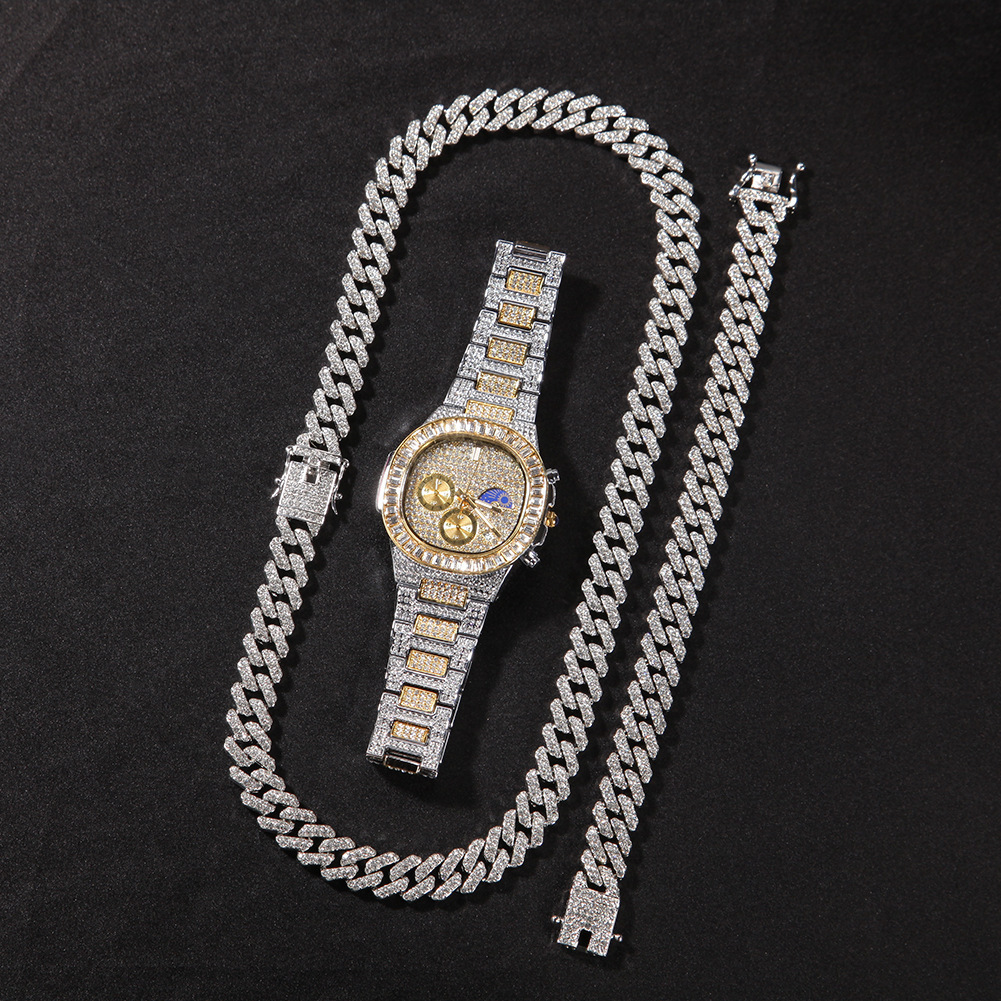 Luxury Jewelry VVS Moissanite New Fashion Iced Out Watch 12mm Gold Plated Necklace Bracelet Men's Hip Hop Jewelry Set Pass the diamond tester