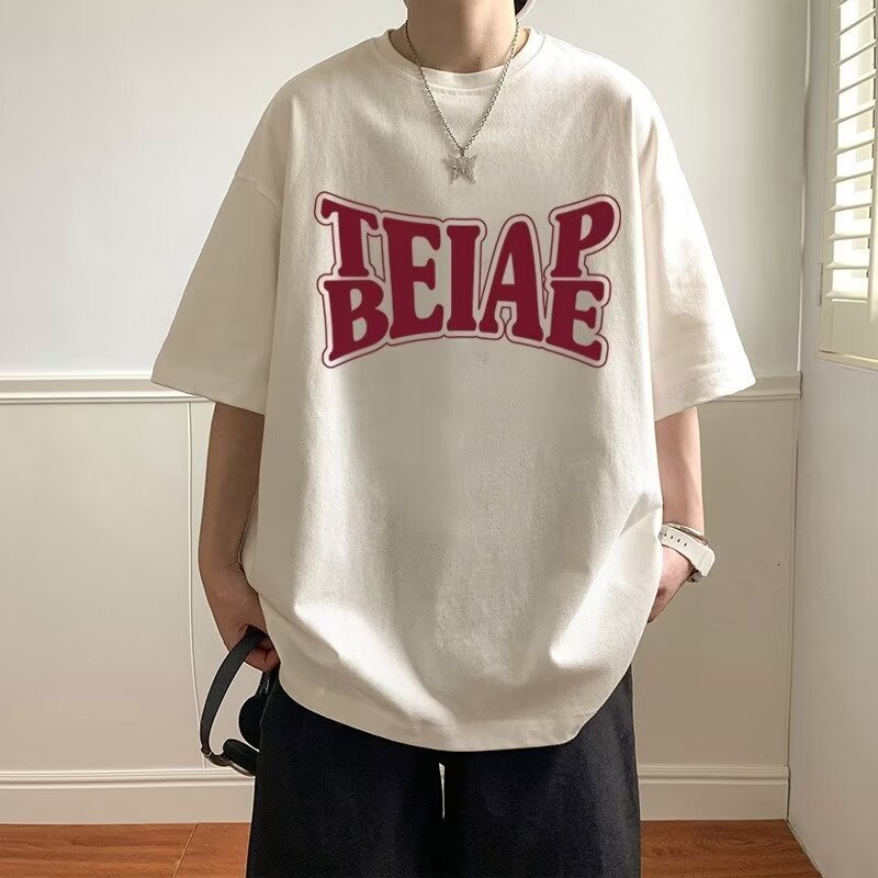 Heavyweight Hong Kong Style Short Sleeve T-shirt For Men 2025 Designer T-shirt Summer Trendy Loose Fit Oversized Letter Print Five-point Tee Top For M