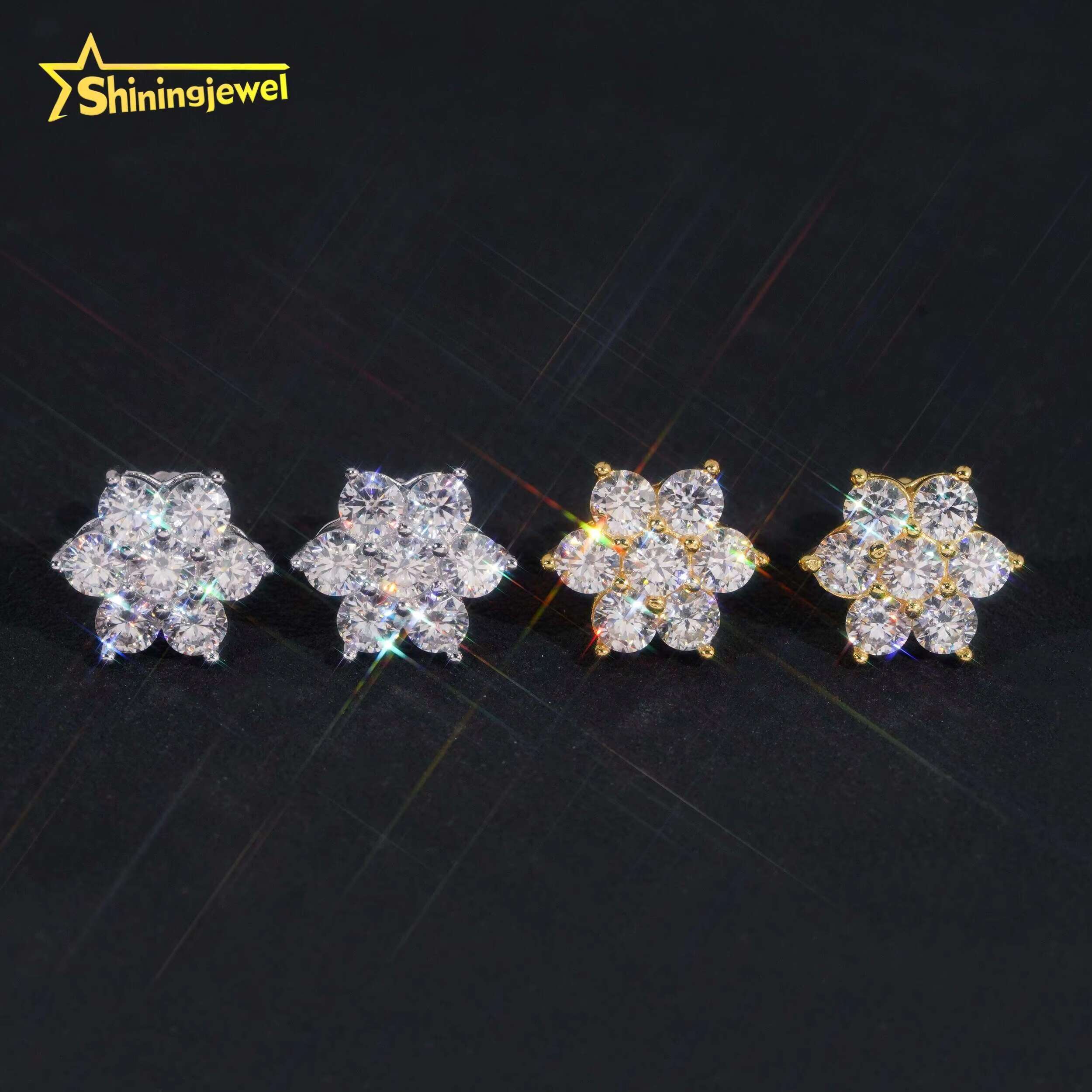 Hip Hop Mens Screw Back Cluster Snowflake 925 Sterling Silver Gold Plated Moissainte Stud Earrings