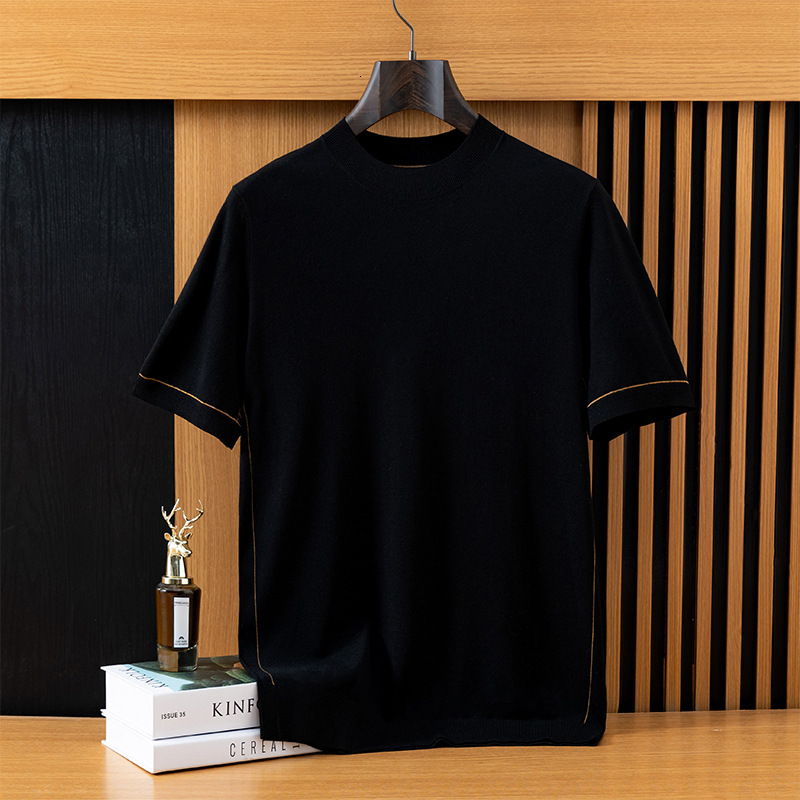 Designer's Summer Business Elastic Men's Knitted Short-sleeved Loose Casual Fine Wool Thin Top Half High-neck Basic T-shirt