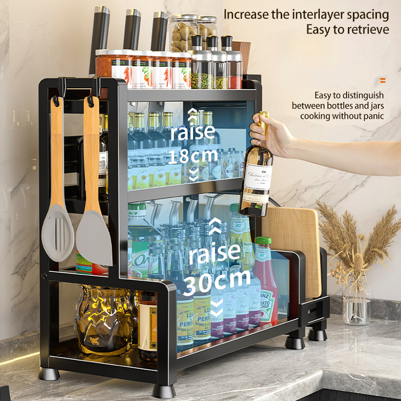 1 piece multi-layer steel kitchen storage rack set - Space-saving countertop storage, with hooks, cutlery rack, chop board rack