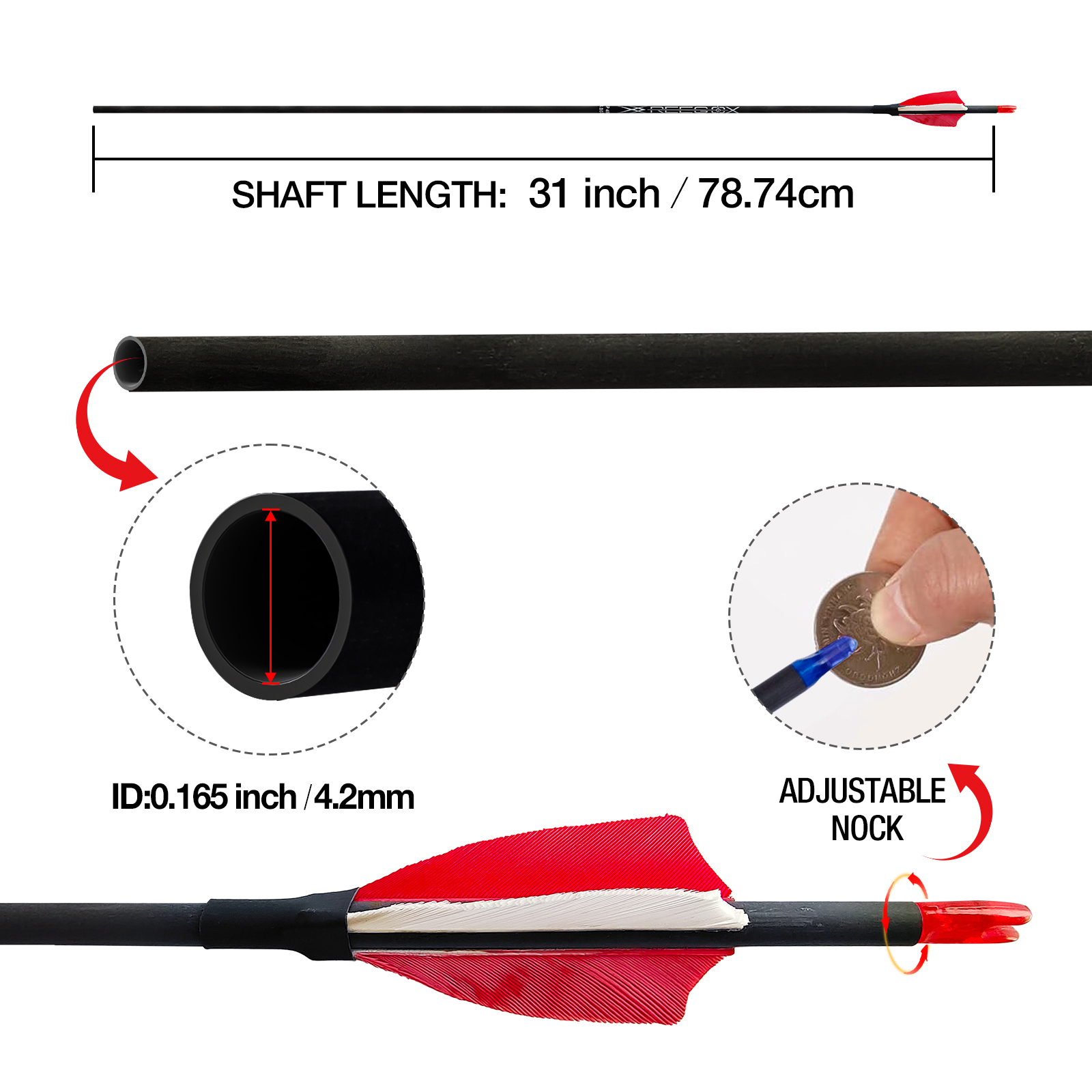 31inch Red Hunting Arrows without Arrowheads Turkey Feathers Carbon Archery Arrows 12Pcs 4.2mm Targeting Arrows for Recurve Bow & Compound Bow Spine 3