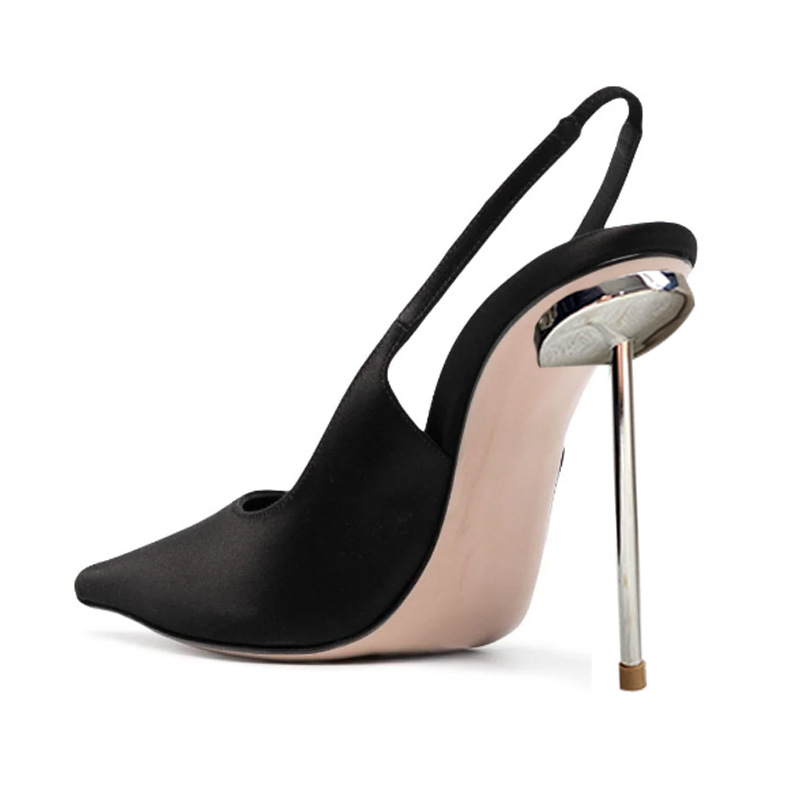 Women's Satin Pointed Toe Heels - Slim Steel Stiletto Open-Back Sandals, Adjustable Ankle Strap and Pull-On Design