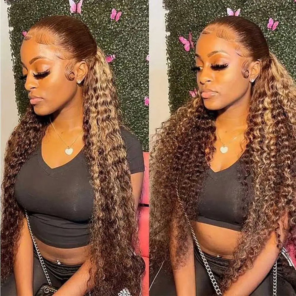 Deep Wave Frontal Wig Highlight Brown 13x4 Hd Lace 30 Inch Blonde Curly Lace Front Human Hair Water Wave Brazilian Wigs Synthetic For Women