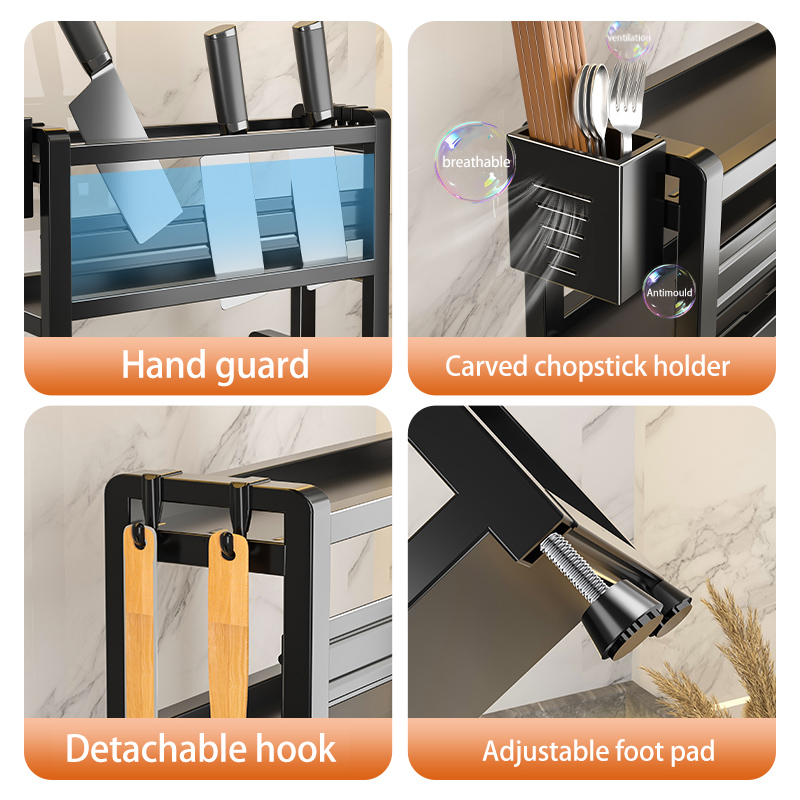 1 piece multi-layer steel kitchen storage rack set - Space-saving countertop storage, with hooks, cutlery rack, chop board rack