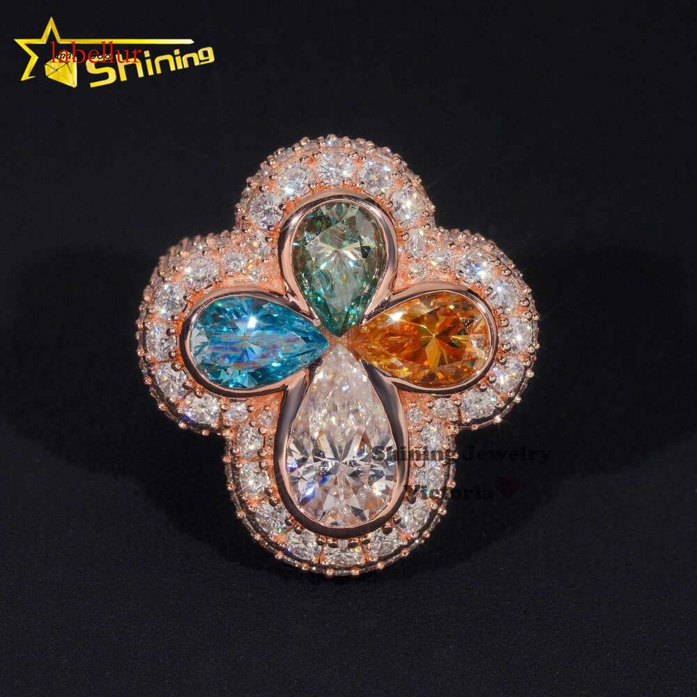 Fine Jewelry Custom Sparkling S Colored Pear Cut VVS Dia Iced Out Cross Four Leaf Clover Moissanite Ring