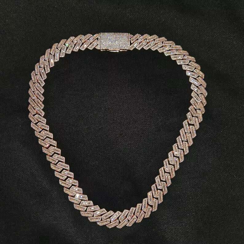 Hiphop 18MM Moissanites Diamond Cuban Chain Iced Out 925 Silver VVS Baguette Miami Cuban Link Chain