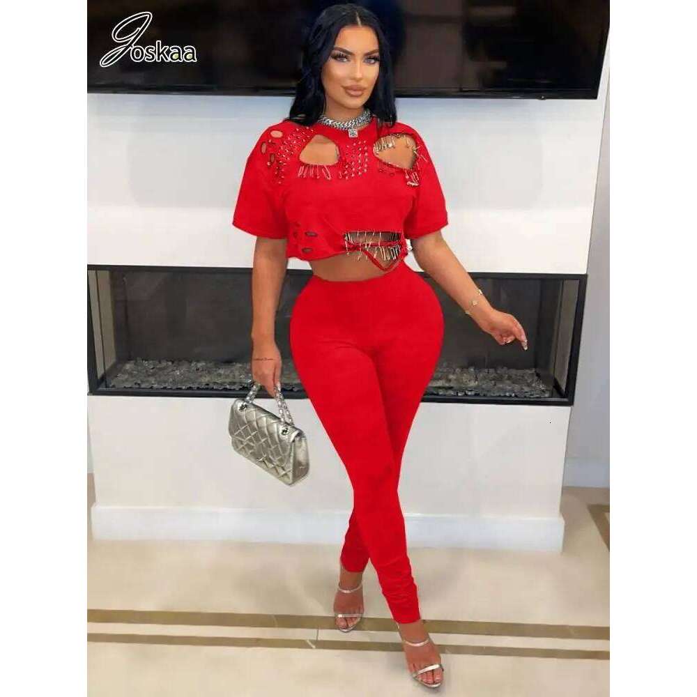 Joskaa Elegant 2 Piece Set Women Sexy Hollow Pin Short Sleeve Crop Tops and Pencil Pants Matching 2025 Summer Party Club Outfits