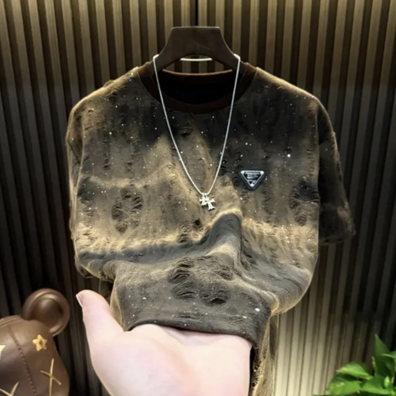 Starry sky T-shirt trend brand senior sense round neck top sequins loose holes short-sleeved T-shirt men 2025s hot
