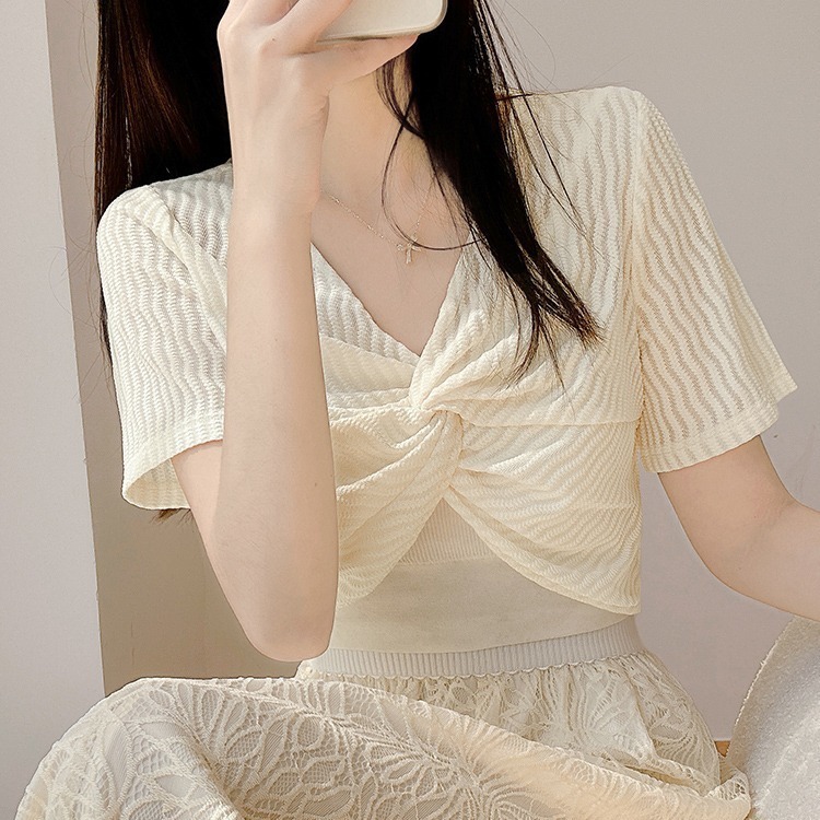 K1179 With a suspender long skirt and a mesh blouse with short sleeves, summer small waistcoat sunscreen tulle pullover short shawl top