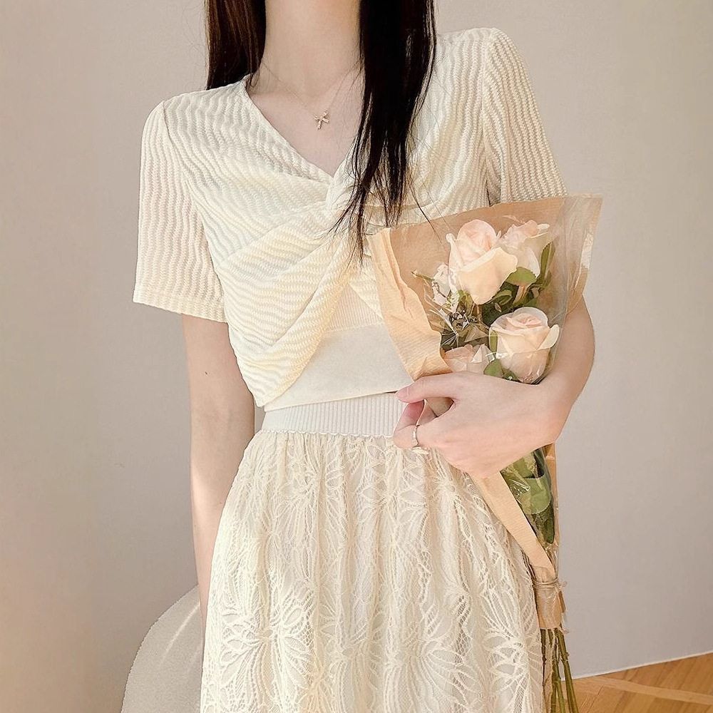 K1179 With a suspender long skirt and a mesh blouse with short sleeves, summer small waistcoat sunscreen tulle pullover short shawl top