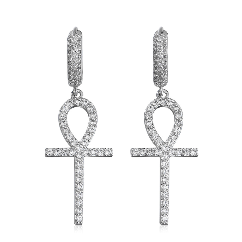 Luxury Jewelry New Ankh Key Cross Hoop Earrings Full Zircon Paved Bling Bling Hip Hop Streetwear Unisex Unique Dangle Earrings Pass the diamond tester
