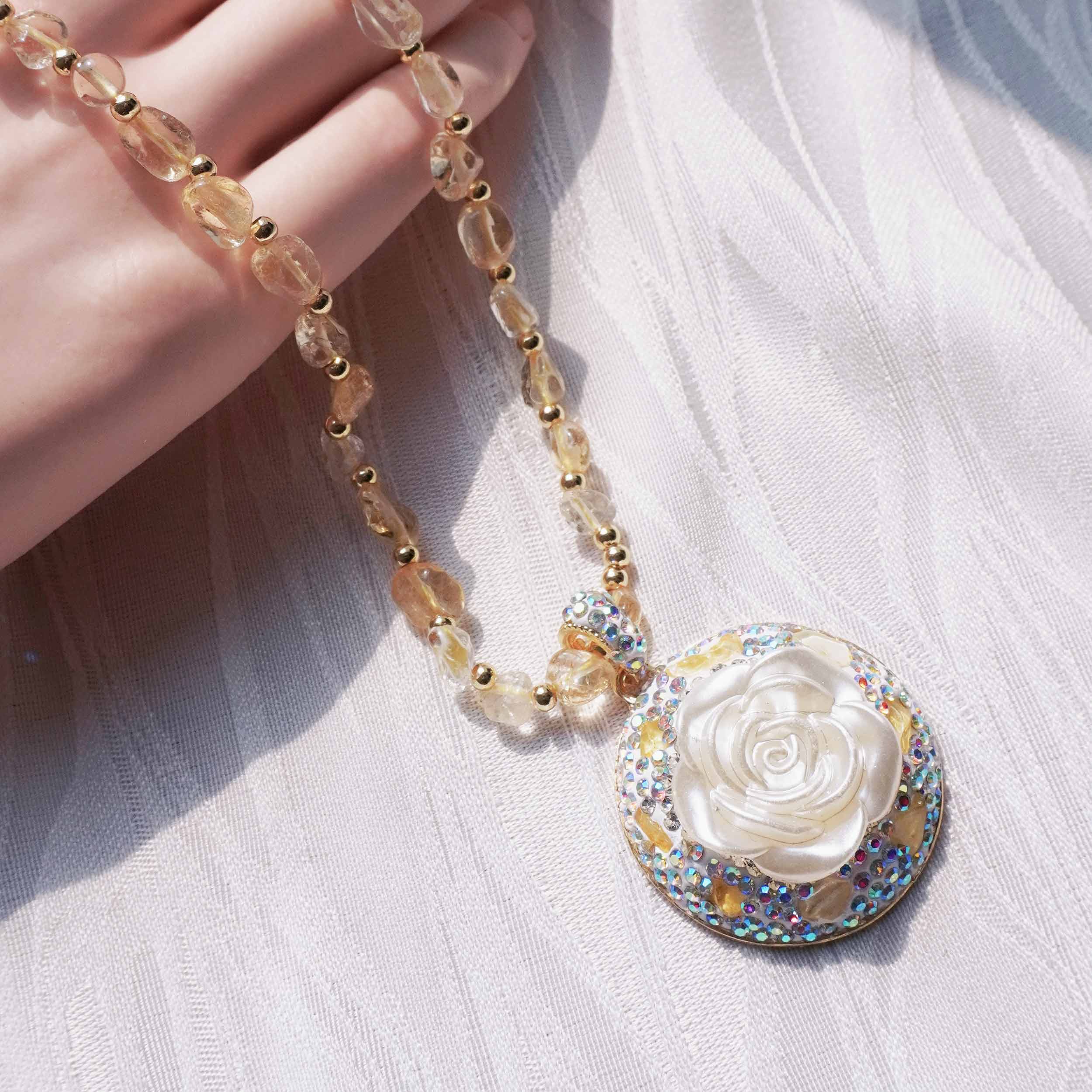 Star Mang rose shell citrine energy jewelry set light and luxurious shell powder suppressed design citrine ring earrings necklace Earrings & Necklace