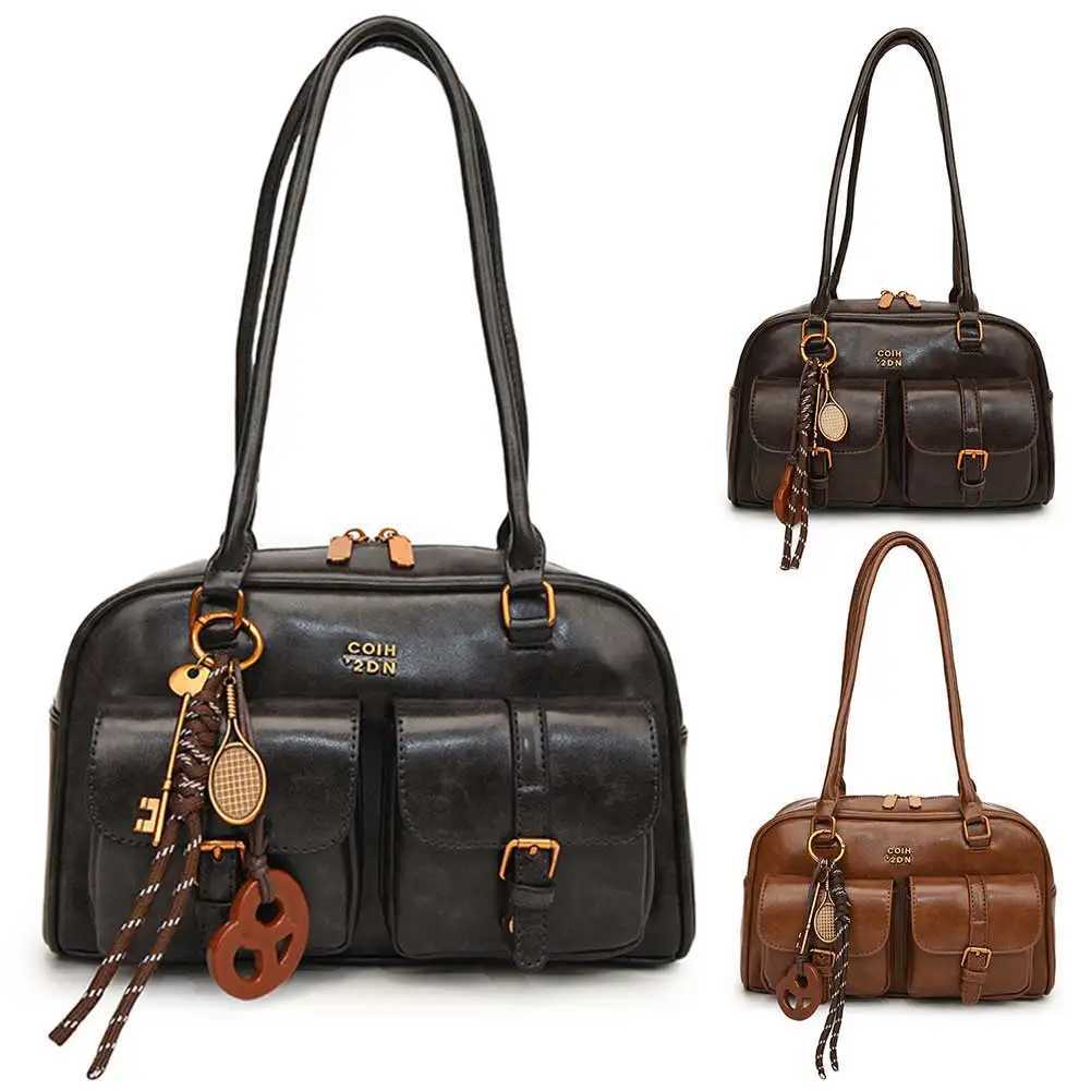 Wen Solid Color Handbag with Pendant Underarm Bag PU Leather Vintage Armpit Bag Travel Shopping Date Handbag Y250718