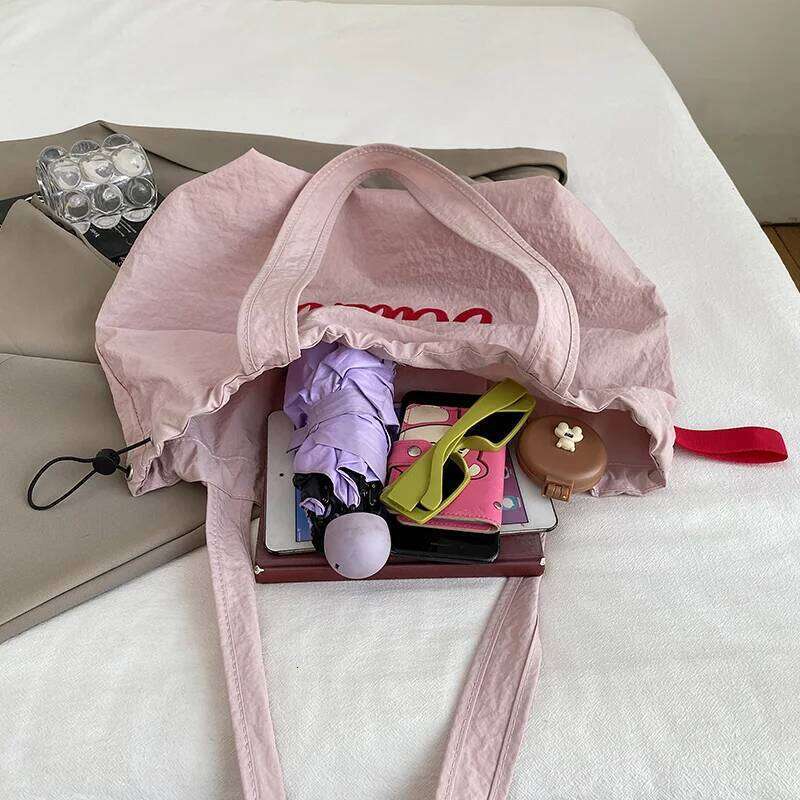 Women's Solid Color Minimalist Nylon Tote Bag - Letter Print,Lightweight & Spacious,Long Strap for Daily Use and Shopping