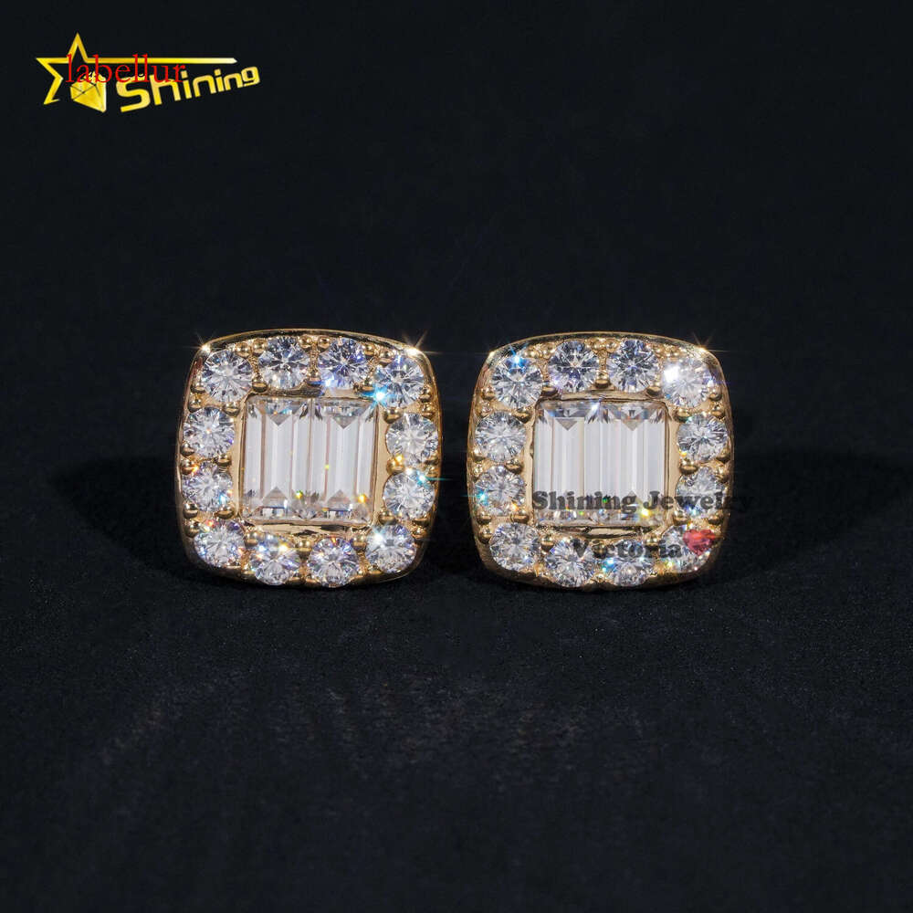 Baguette Lab Grown Dia Iced Out Jewelry 10K 14K Soild Gold Hip Hop Moissanite Stud Earrings