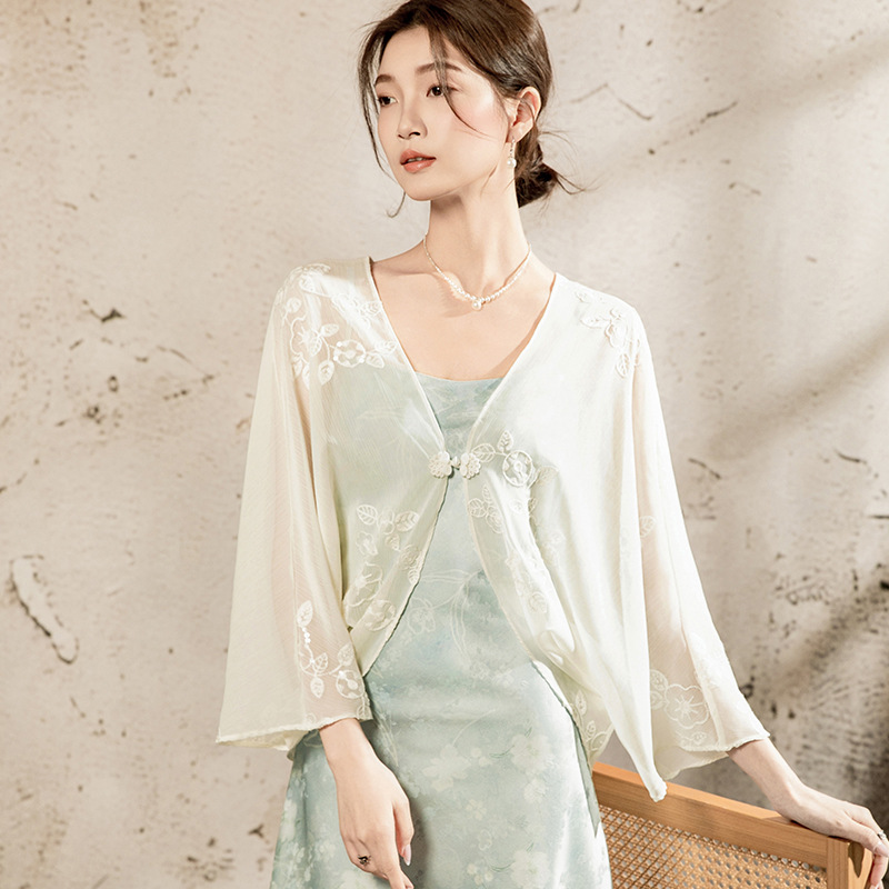 K1171 Chinese style V-neck buttoned cardigan loose 2025 spring and summer sun protection women's clothing nine-point sleeve embroidered chiffon s