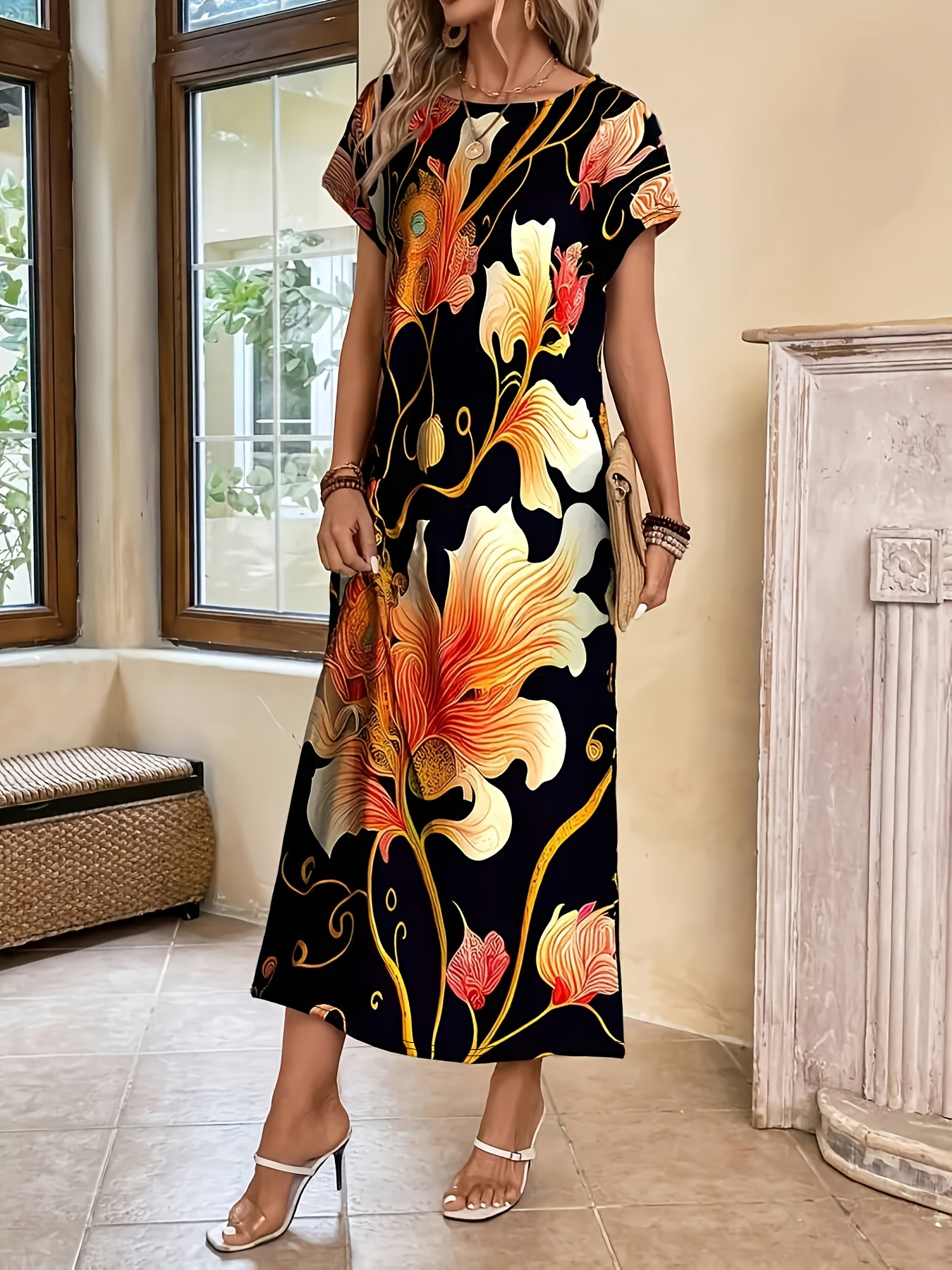 P629European and American women's short-sleeved printed elegant and fashionable dress