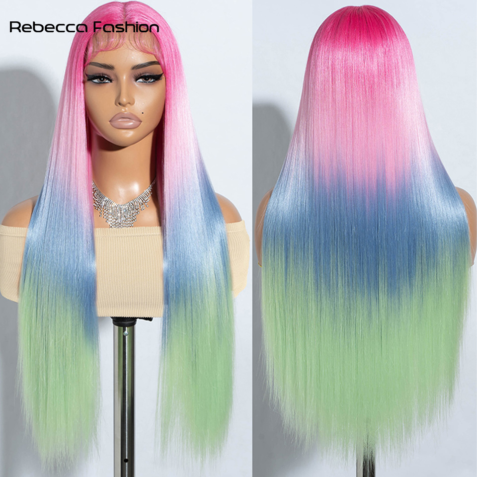 Rebecca Fashion Synthetic Highlights Colors High Temperature Fiber Straight Wig Middle Part Lace Wigs For Black Women Heat Resistant Cosplay