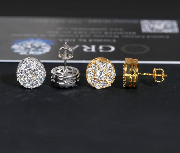 Hip Hop New Design Iced Out Stud 11mm Width 925 Silver Gold Plated Moissanite Earring