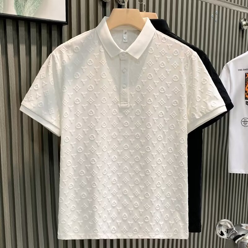 Ice silk short-sleeved polo shirt men jacquard summer loose trend half sleeved clothes lapel shirt T-shirt 2025