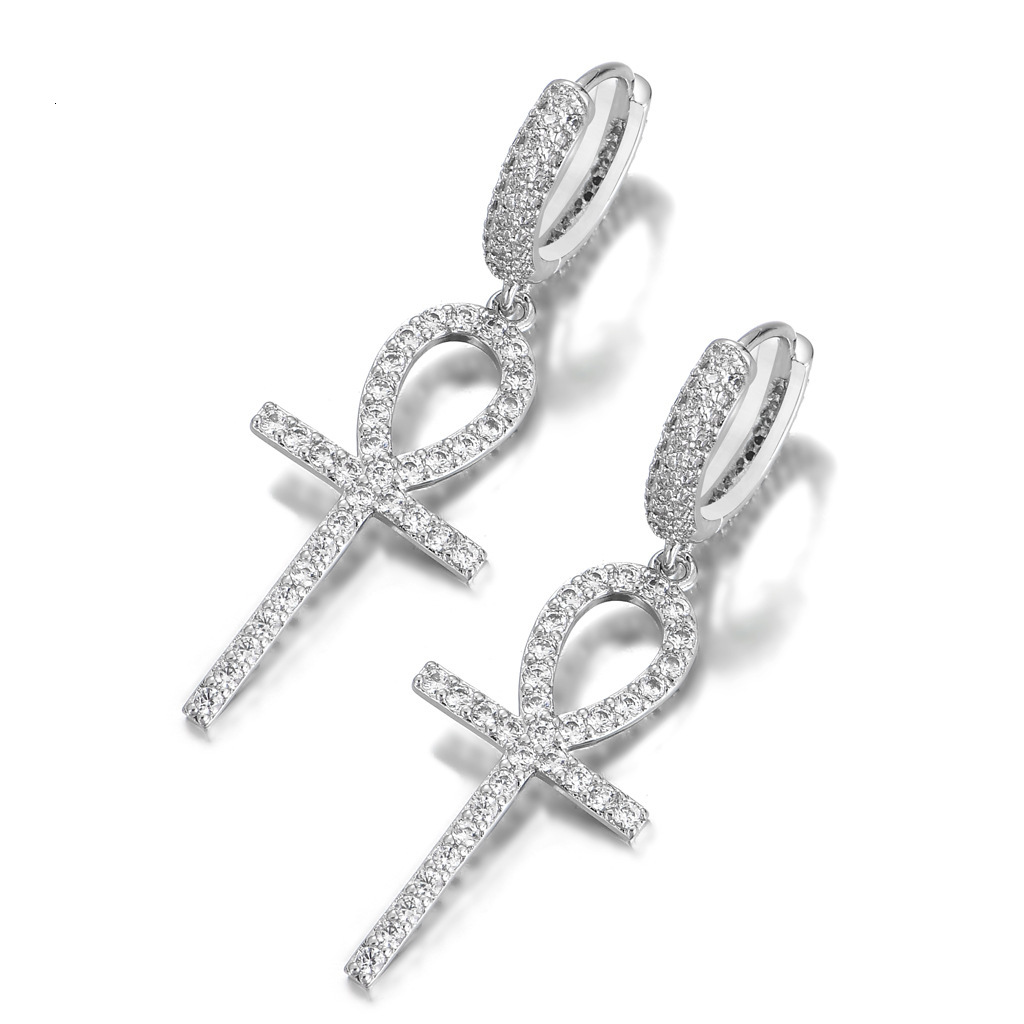 Luxury Jewelry New Ankh Key Cross Hoop Earrings Full Zircon Paved Bling Bling Hip Hop Streetwear Unisex Unique Dangle Earrings Pass the diamond tester