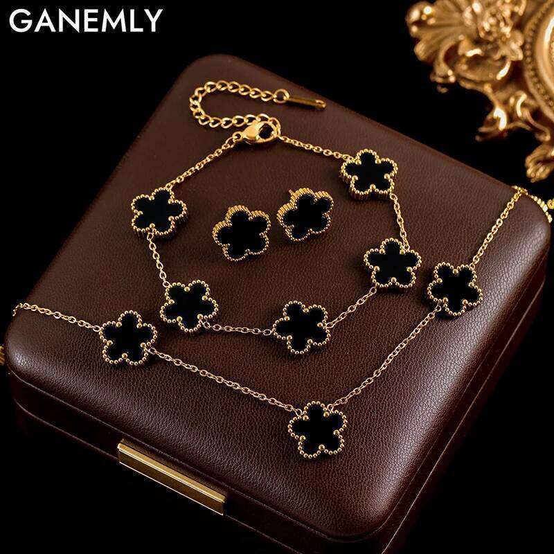 GANEMLY 316L Stainless Steel 4-Color Five Leaf Clover wer Necklace Bracelet Earrings Set For Women New Waterproof Jewelry