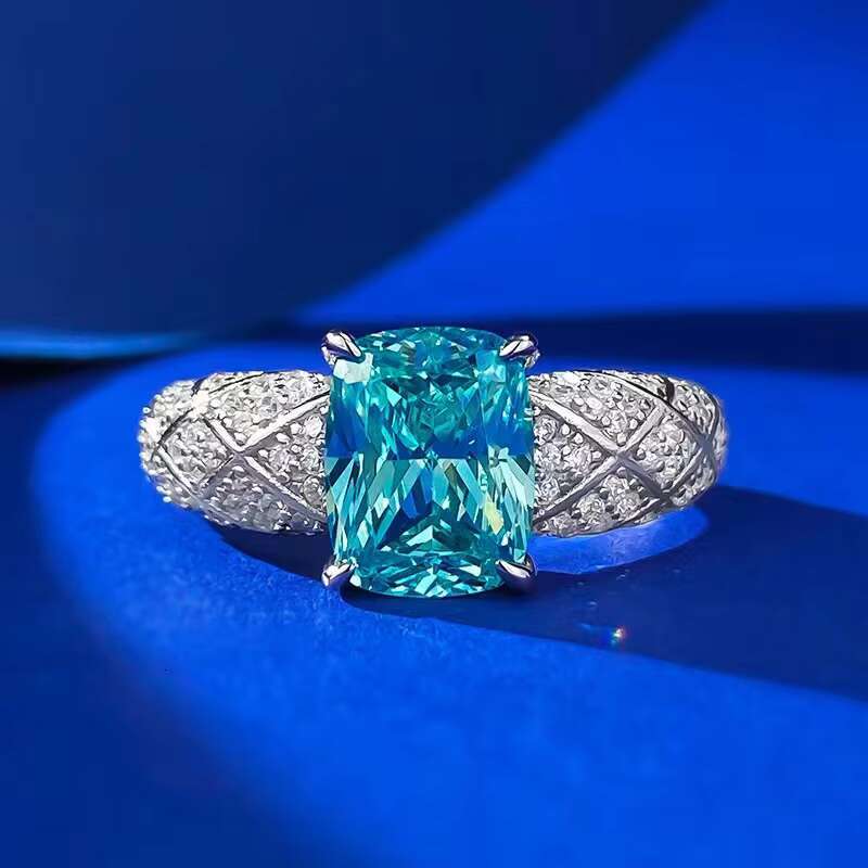 High Quality 7*9 Cushion Cut Zircon Paraiba Color Gemstone 925 Sterling Silver Women Fashion Wedding Engagement Rings