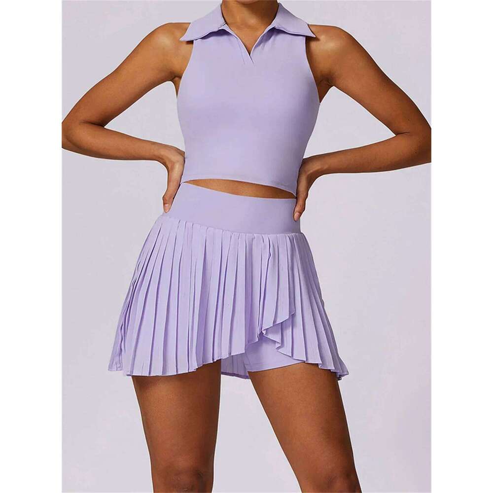 Outdoor Breathable Golf Wear Tennis Sport Sets Women Turn Down Collar Sleeveless Top Short 2 in 1 Skirt Running Fiess Set