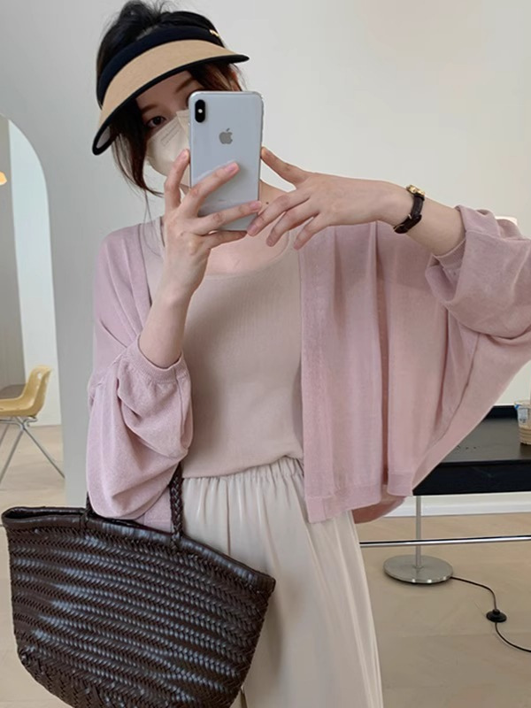 K1174 French lantern sleeve ice silk sunscreen knitted cardigan thin women's summer sling outer wear small shawl loose air-conditioning shirt