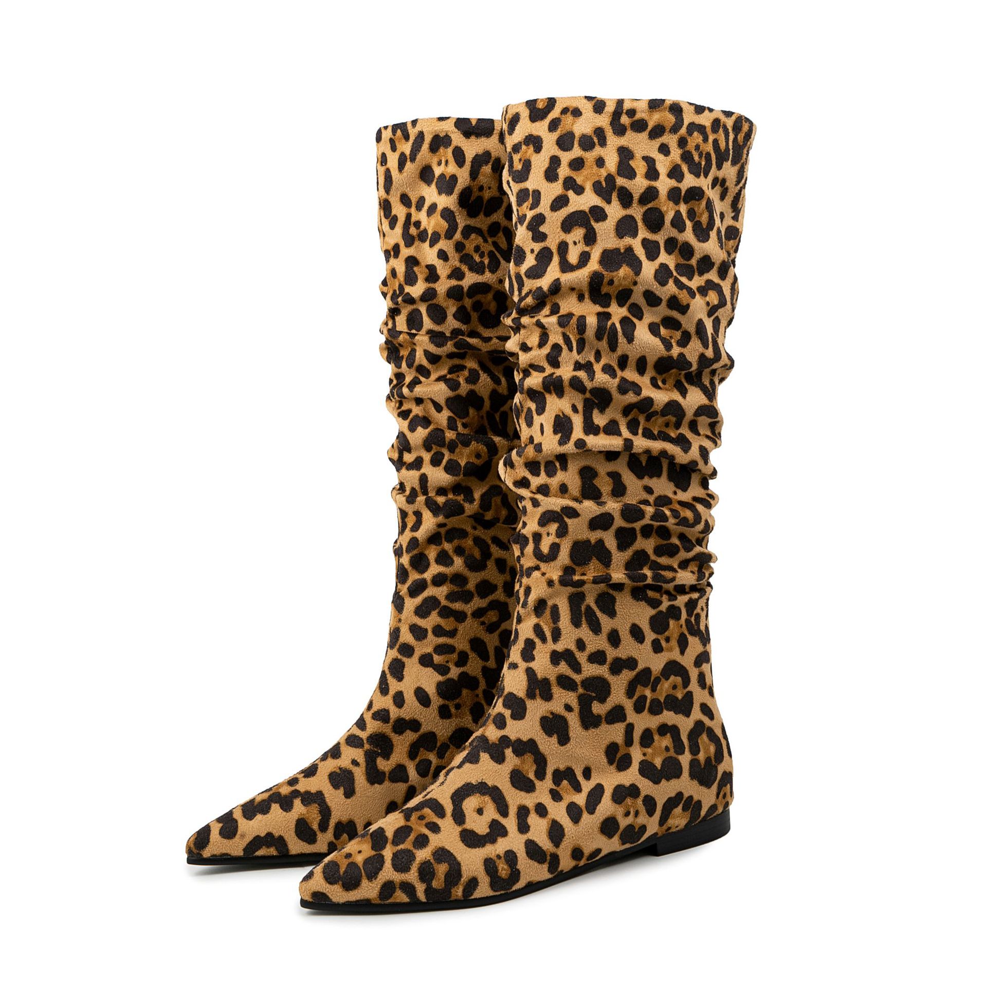 Women's Genuine Suede Leopard Print Crinkle Fold Boots - Pointed Toe Flat Mid-Calf Stacked Boots