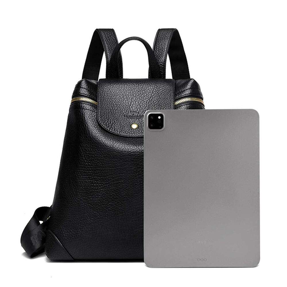 Fashion Glossy Leather-Texture PU Backpack Shoulder Bag Solid Color Large Capacity Flap Snap + Zip for Daily Use
