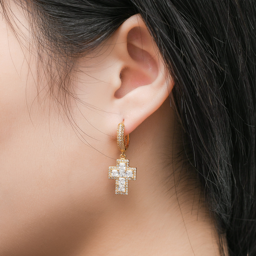 Luxury Jewelry Hip Hop Moissanite Cross Dangle Hoop Earrings Iced Out Bling Bling Premium Unisex Unique Trendy Earrings Pass the diamond tester