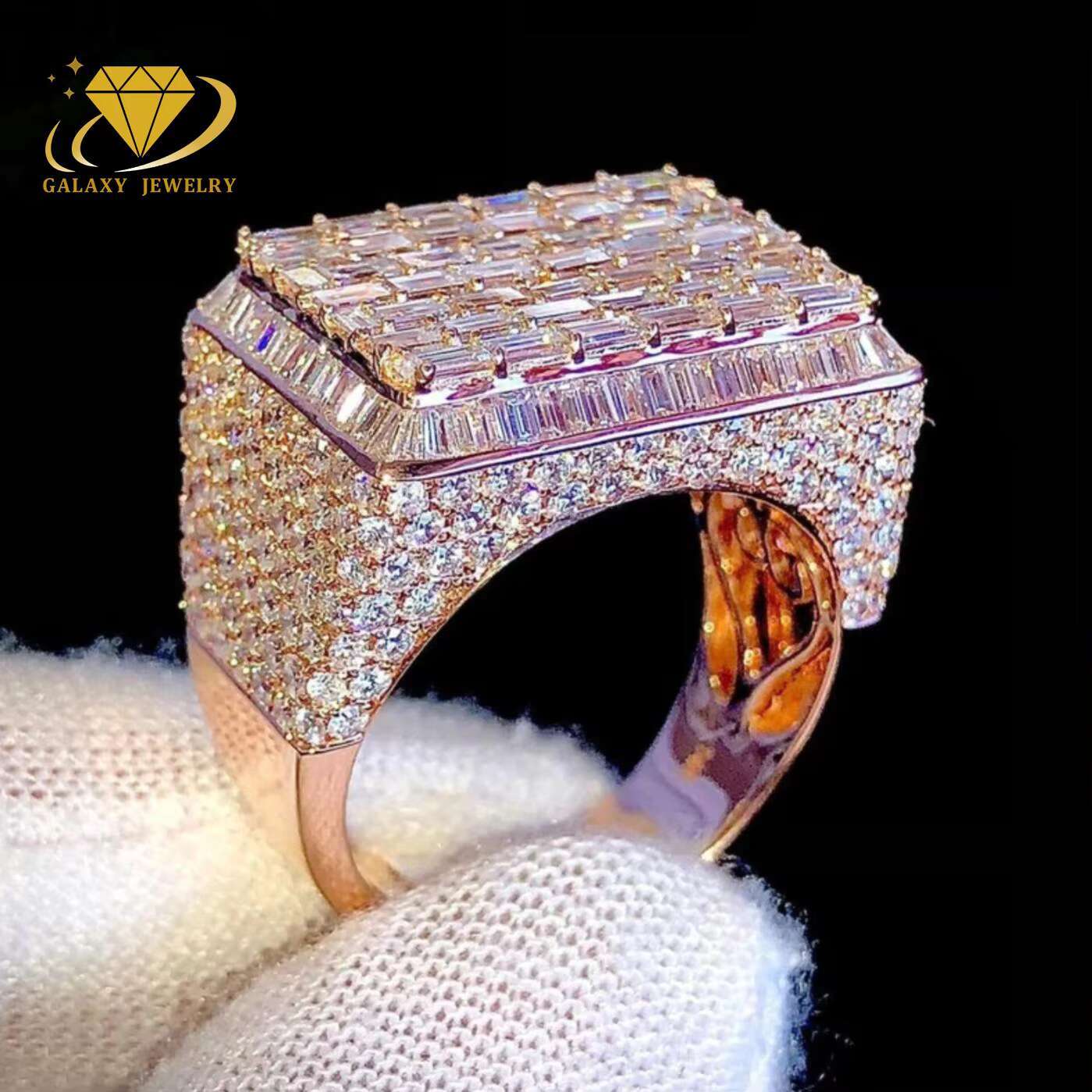 Fine Jewelry 925 Silver White Gold/Rose Gold Plated Moissanite Ring Custom Hip Hop Iced Out Baguette Cut Diamond Rings for Men