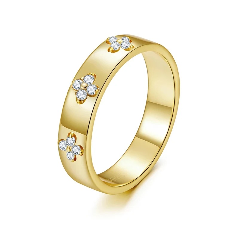 Fashion Womens love Ring Mens Designer 925 Sterling Silver Lucky Clover Moissanite Ring, Gold Plated D Color Round Cut Moissanite Wide Band Ring for W