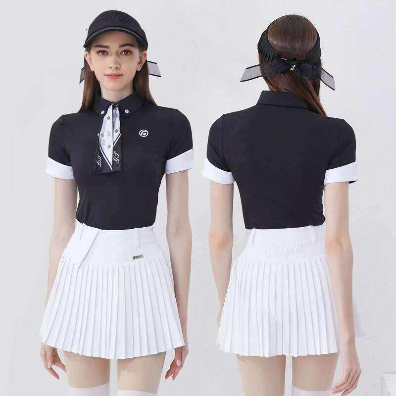 Women's Summer Polo Shirt Button Quick Dry Sports Tennis T-shirt Pleated Golf Skirt with Shorts Sportswear