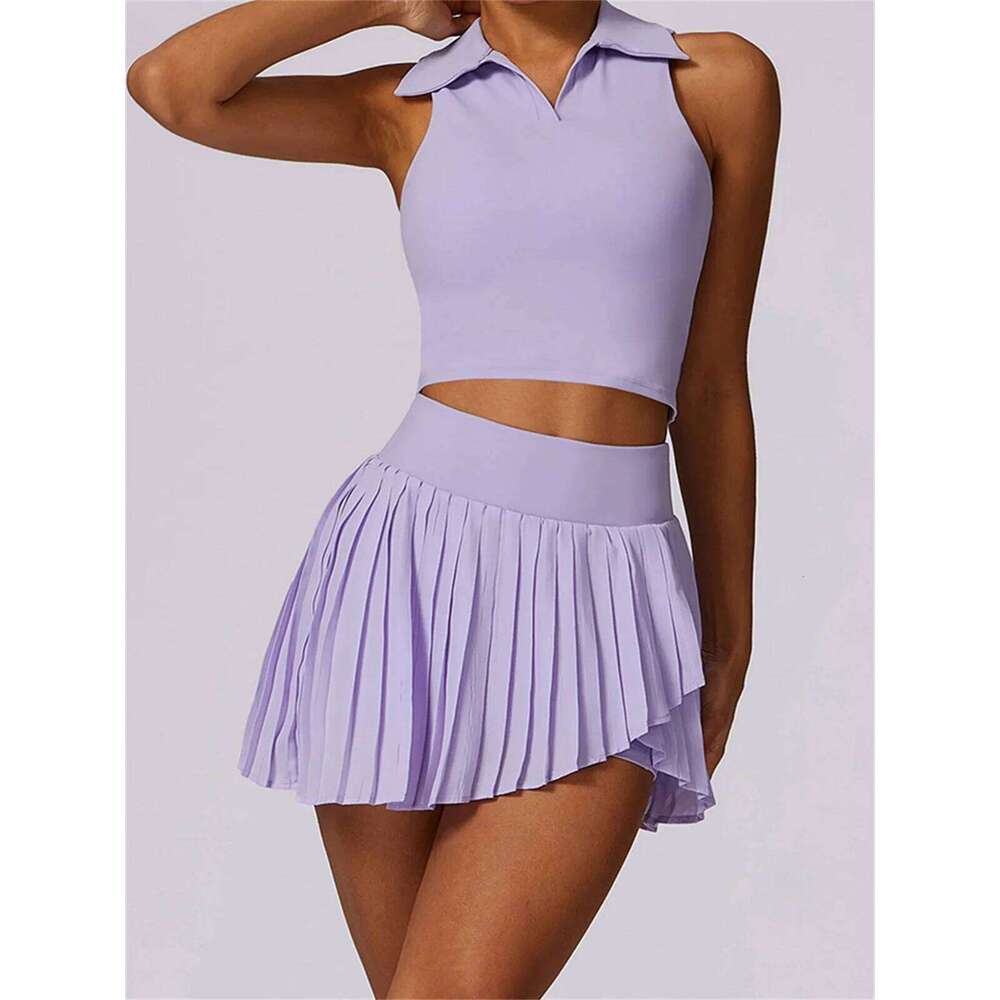 Outdoor Breathable Golf Wear Tennis Sport Sets Women Turn Down Collar Sleeveless Top Short 2 in 1 Skirt Running Fiess Set