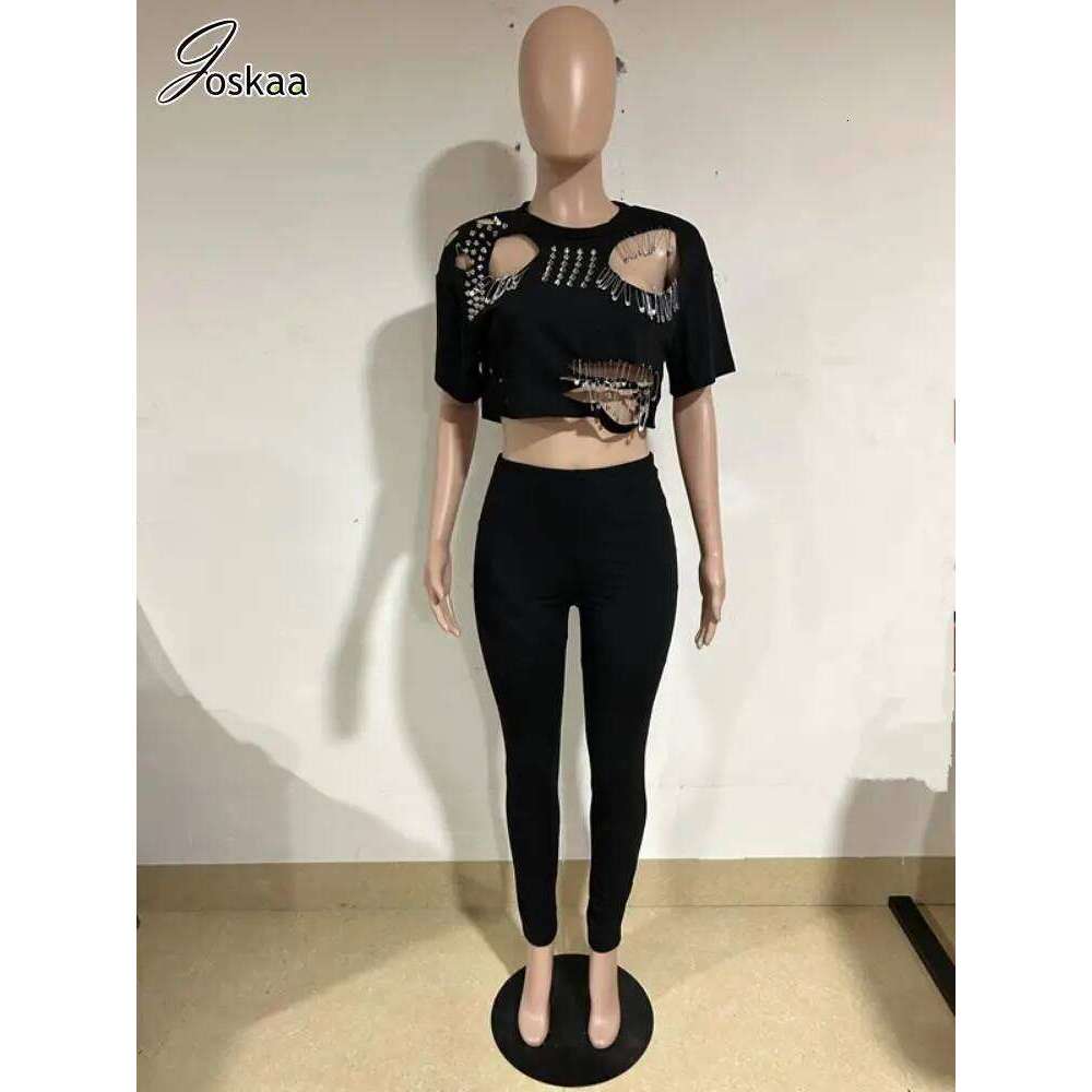 Joskaa Elegant 2 Piece Set Women Sexy Hollow Pin Short Sleeve Crop Tops and Pencil Pants Matching 2025 Summer Party Club Outfits