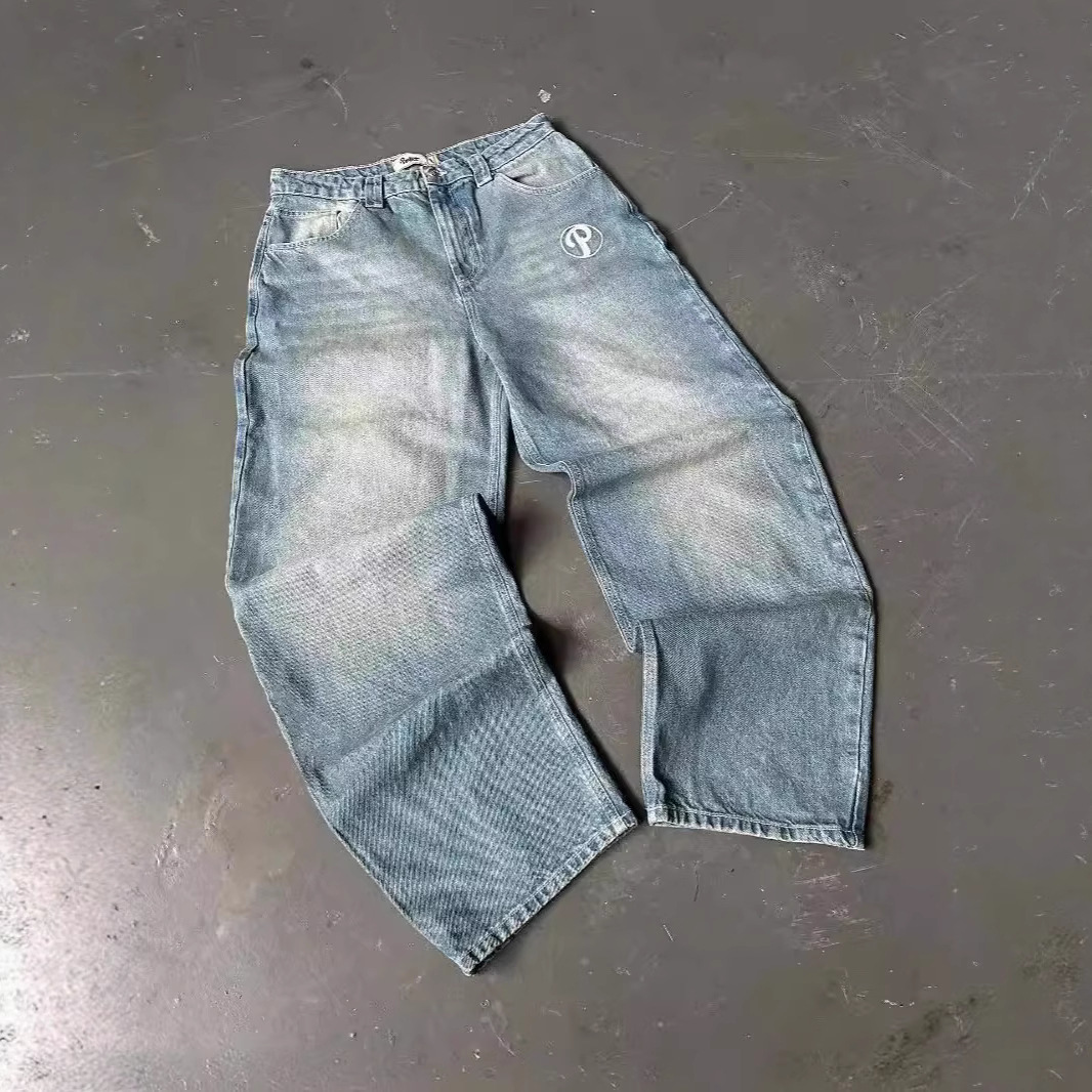 Street jeans Y2K Harajuku hip-hop letter blue loose high waisted wide leg pants 241104