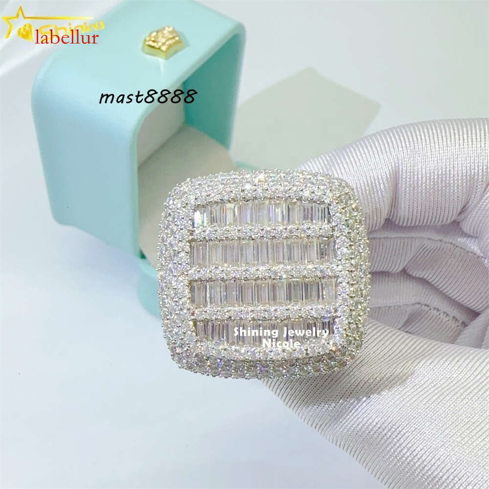 Bling Fully Iced Out baguette Dia Sterling Sier Hip Hop Men Moissanite Ring