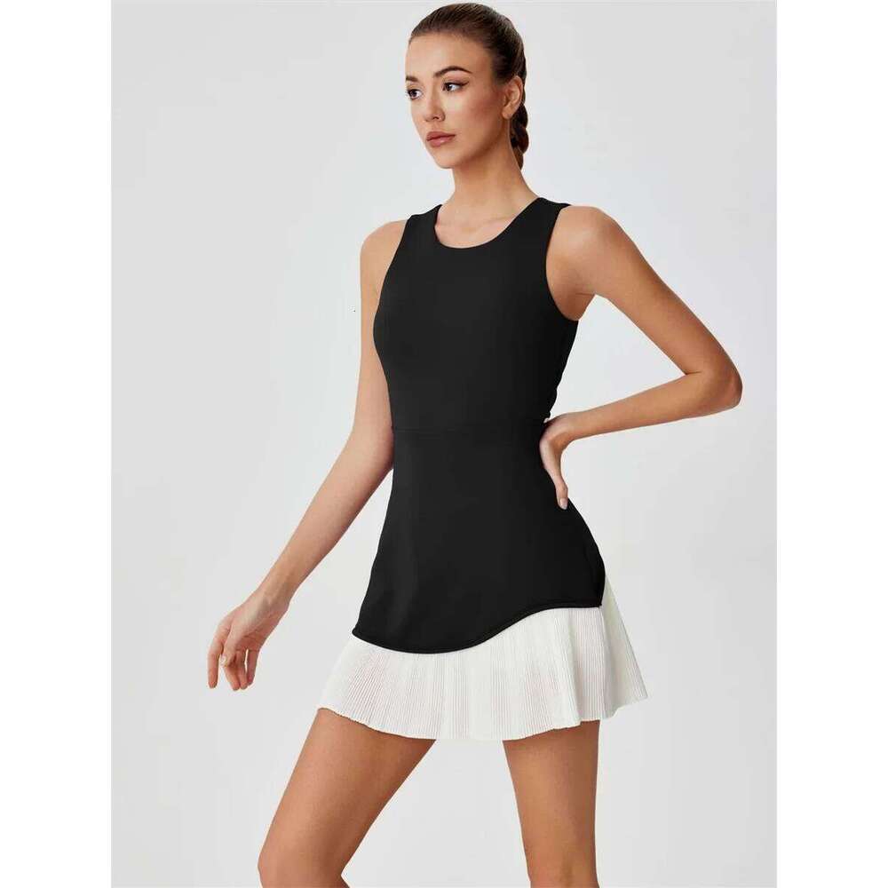Women One-piece Tennis Dress Summer Black Contrast Pleated Anti Light Speed Dry Sports Dresses Hollowed Out Back Yoga Clothes