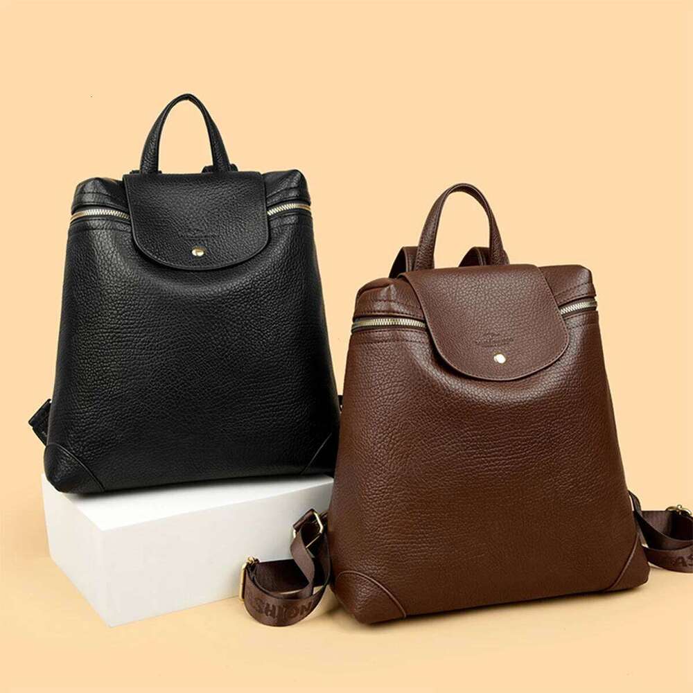 Fashion Glossy Leather-Texture PU Backpack Shoulder Bag Solid Color Large Capacity Flap Snap + Zip for Daily Use