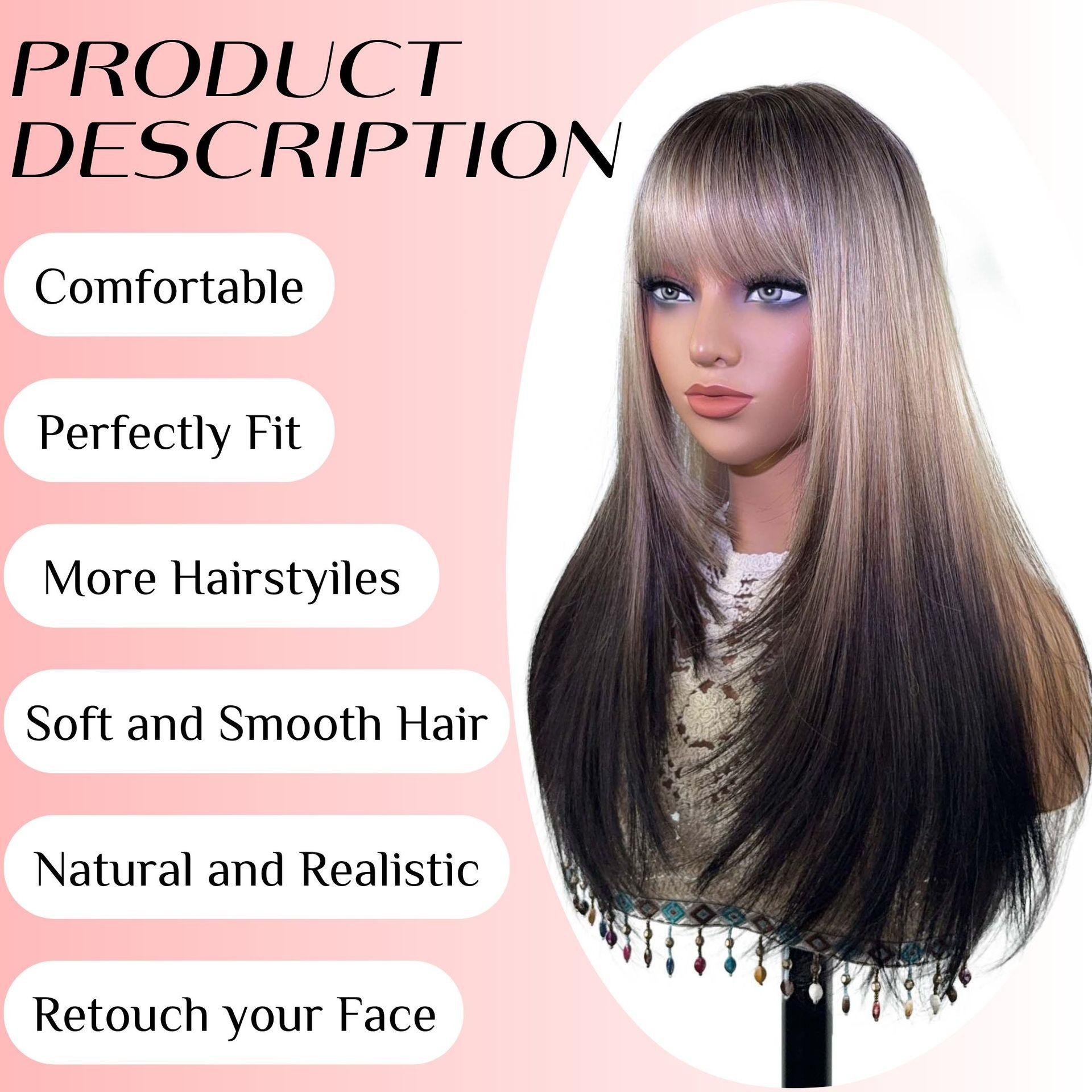 European and American fashion natural style lady's dyed hair high-temperature synthetic hair wig with long straight and wavy hair wig headpiece