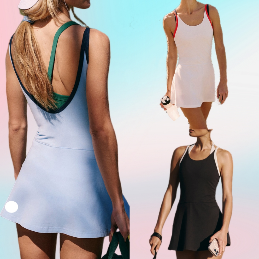 2025--U-Shaped Nude Color Sports Dress Tennis Skirts with Quick-Dry Patchwork Design Ladies' Casual Fitness Jumpsuit