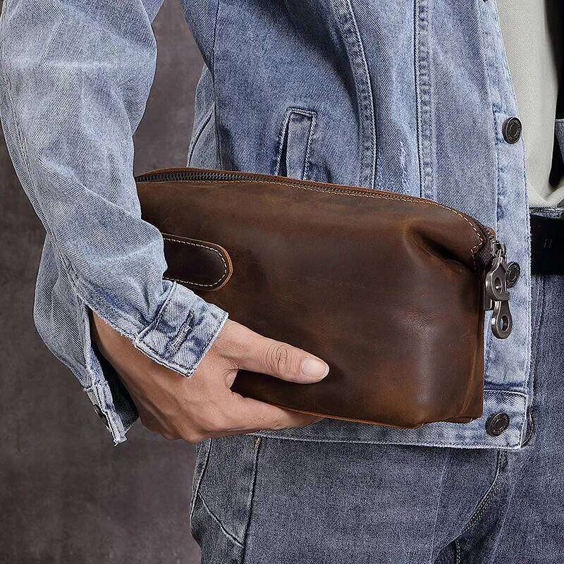 Women's Bags Designer Men's Vintage Top-Grain Leather Clutch Bag - Spacious Travel Toiletry Organizer, Genuine Crazy Horse Crossbody Pouch F