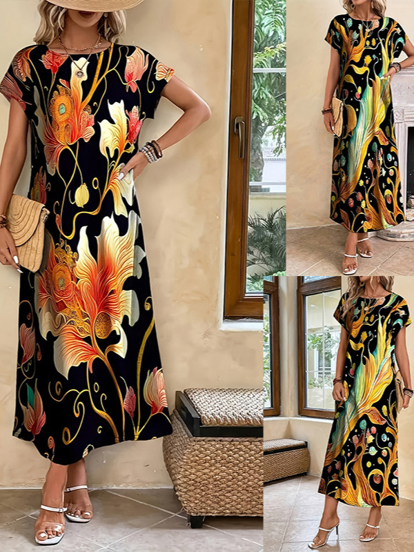 P629European and American women's short-sleeved printed elegant and fashionable dress